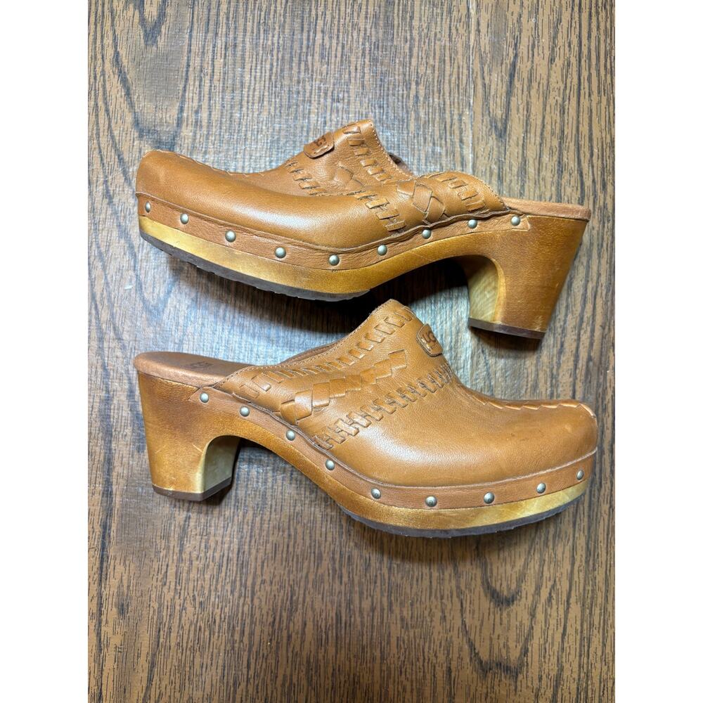 UGG Brown Leather Vivica Clog/Mule Braided Detail Wood Platform Size 7 - Picture 13 of 16